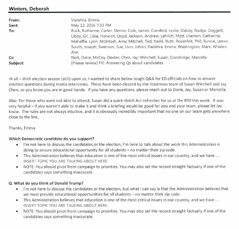 Newly released talking points from the Department of Education in May 2016 about the presidential election and Donald Trump (Obtained via FOIA request)